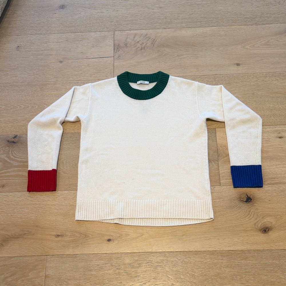 AYR kickback crew. 100% Cashmere Cream Sweater with Green, Red, and Blue Accents